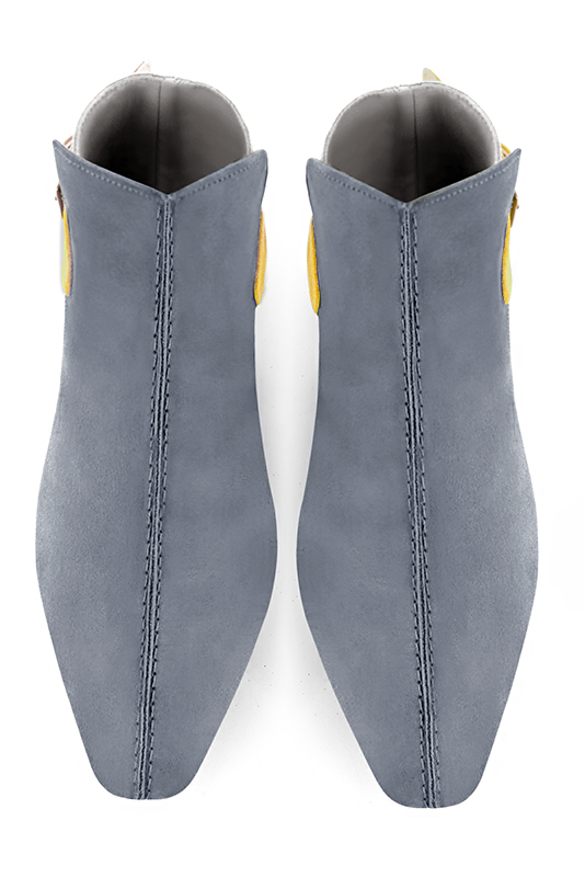 Mouse grey, light silver and mustard yellow women's ankle boots with buckles at the back. Square toe. Flat flare heels. Top view - Florence KOOIJMAN